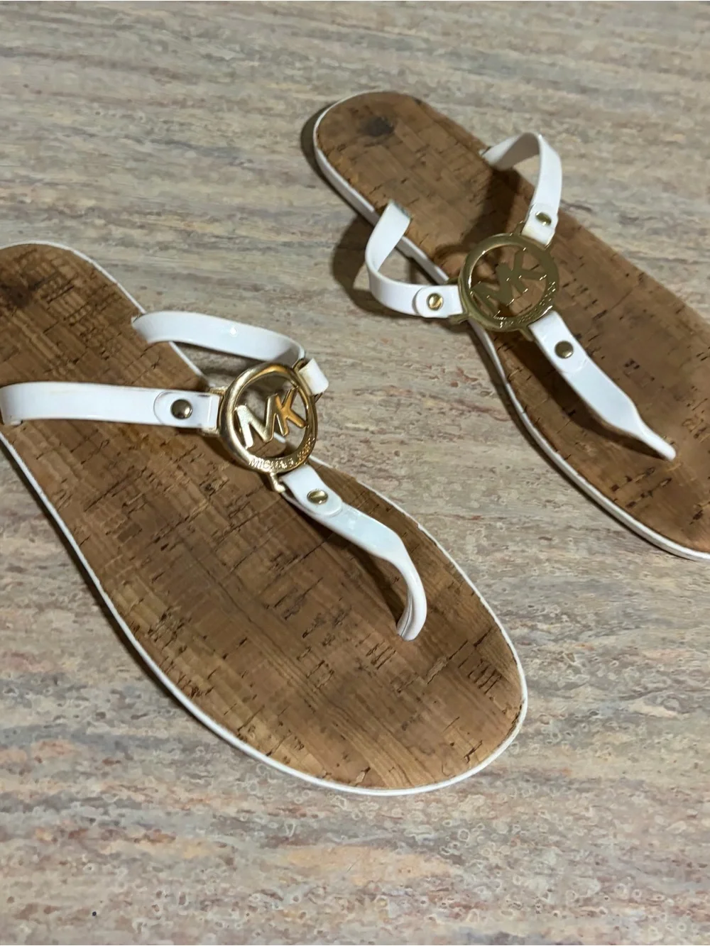 Michael Kors White and Gold Cork-Style Logo Thong Sandals